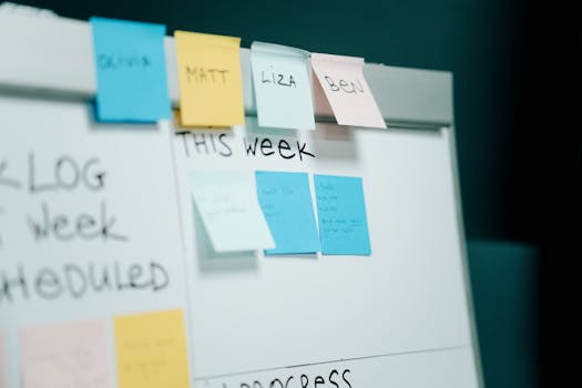 Close-up of a whiteboard with colorful sticky notes for task organization and planning.