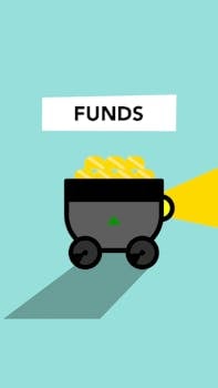 Illustration with cart of pile of gold representing funds concept against blue background