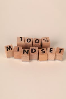 Wooden blocks spelling '100% MINDSET' symbolizing motivation and positive thinking.
